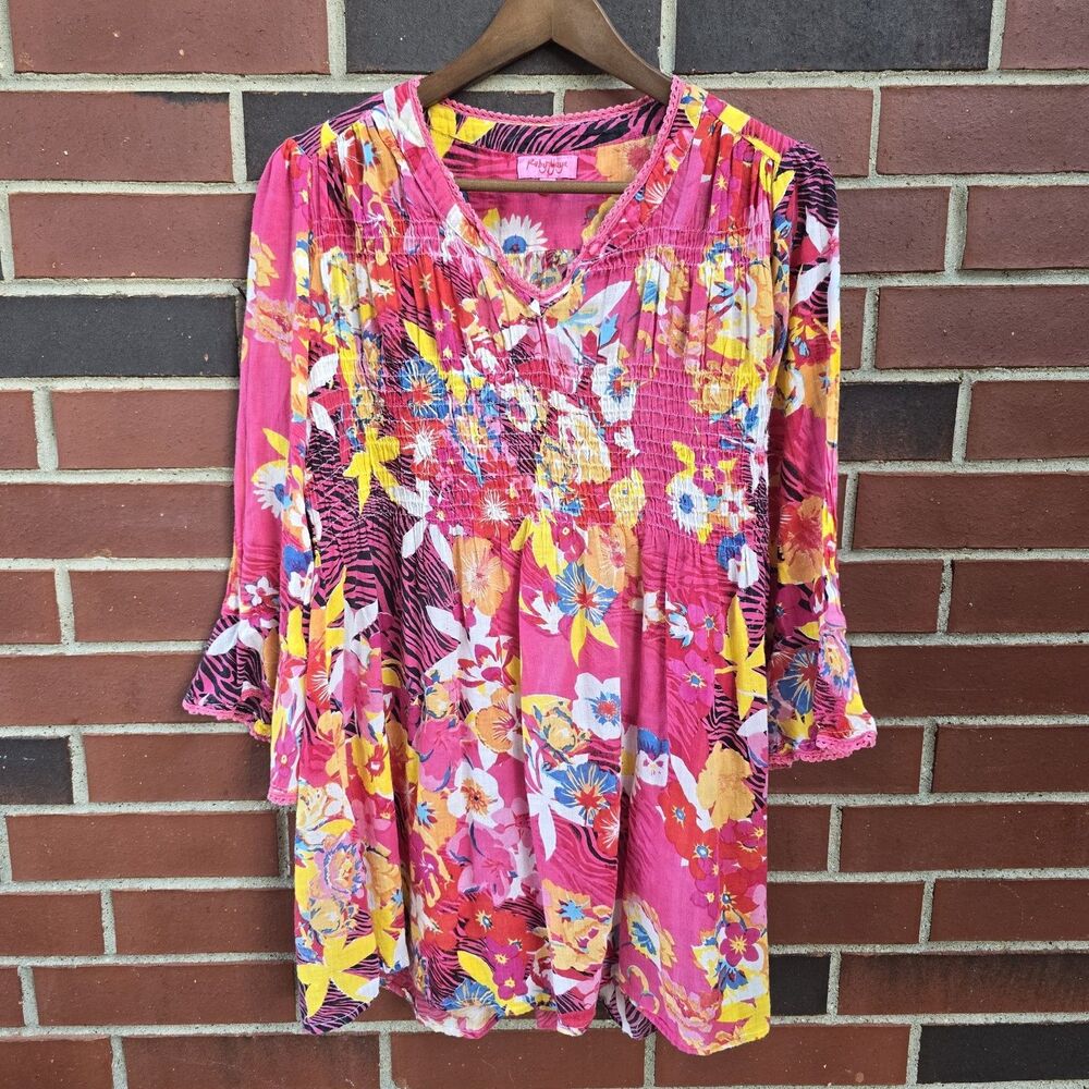 RUBY YAYA Kaftan Pink Short Dress Long Top Boho Cotton Size Small
